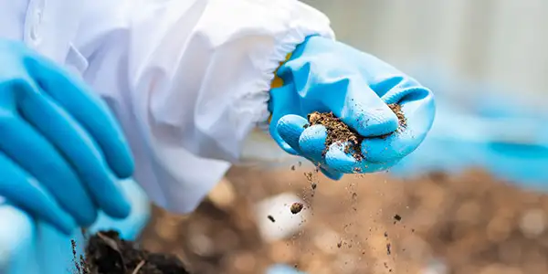 Close up delle mani di un tecnico di laboratorio mentre raccoglie alcuni campioni di terreno